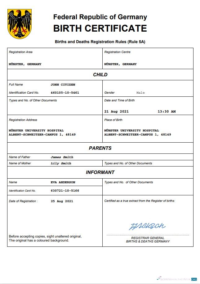Download Germany birth certificate Word and PDF template Photoshop template